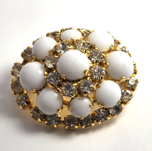 White milk glass layered rhinestone domed vintage mid century brooch