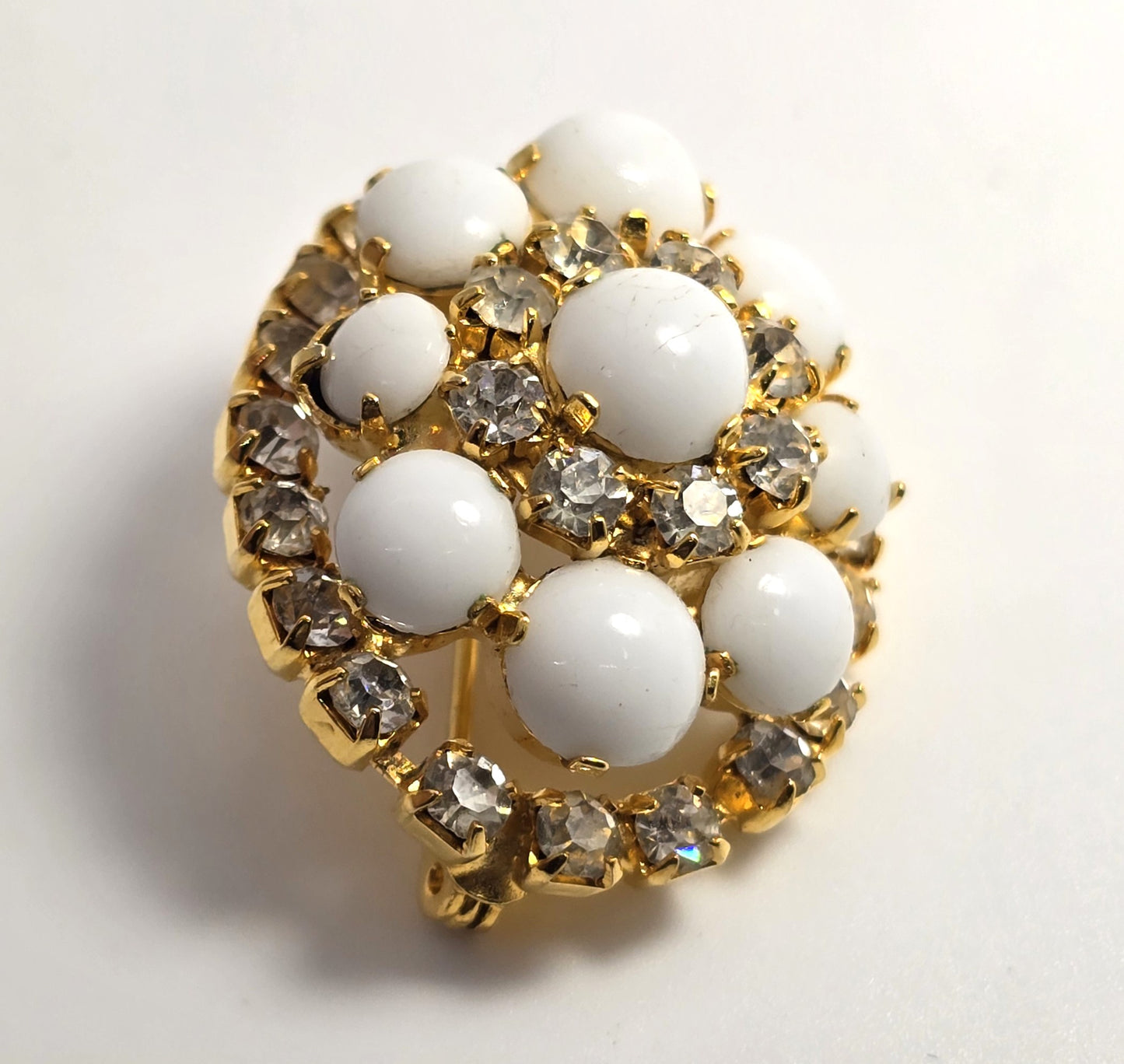 White milk glass layered rhinestone domed vintage mid century brooch