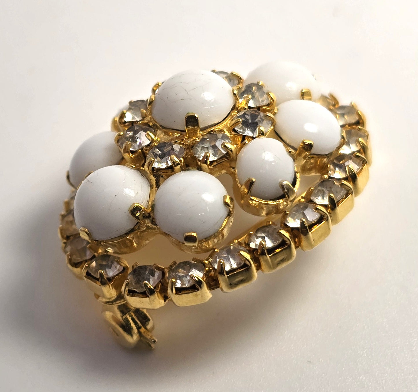 White milk glass layered rhinestone domed vintage mid century brooch