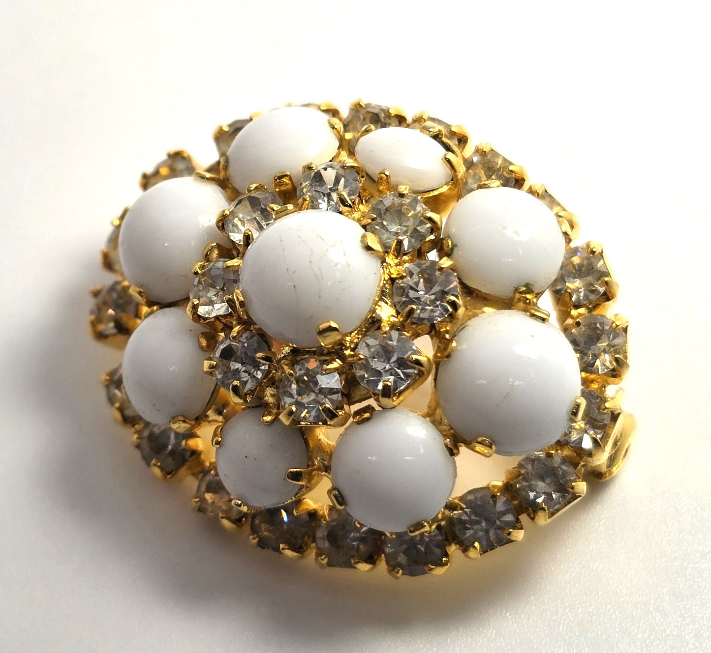 White milk glass layered rhinestone domed vintage mid century brooch