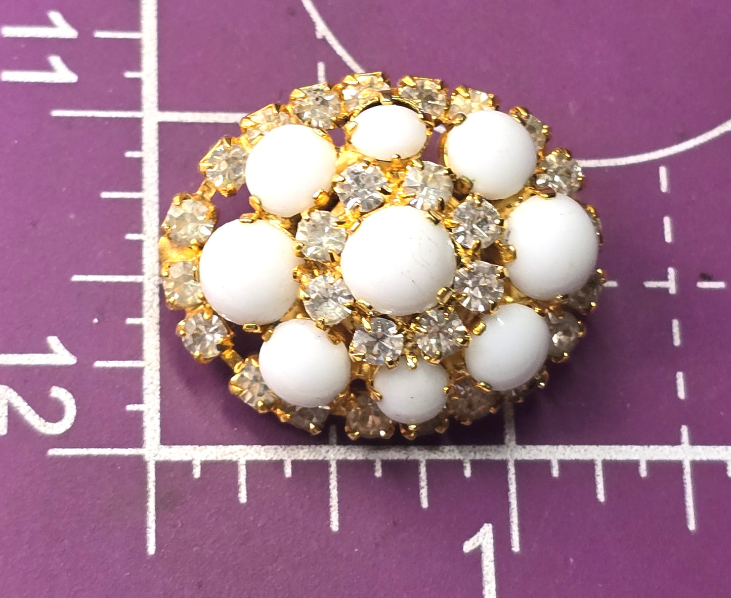 White milk glass layered rhinestone domed vintage mid century brooch
