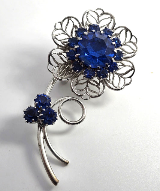 Bright blue rhinestone flower mid century MCM vintage spray brooch