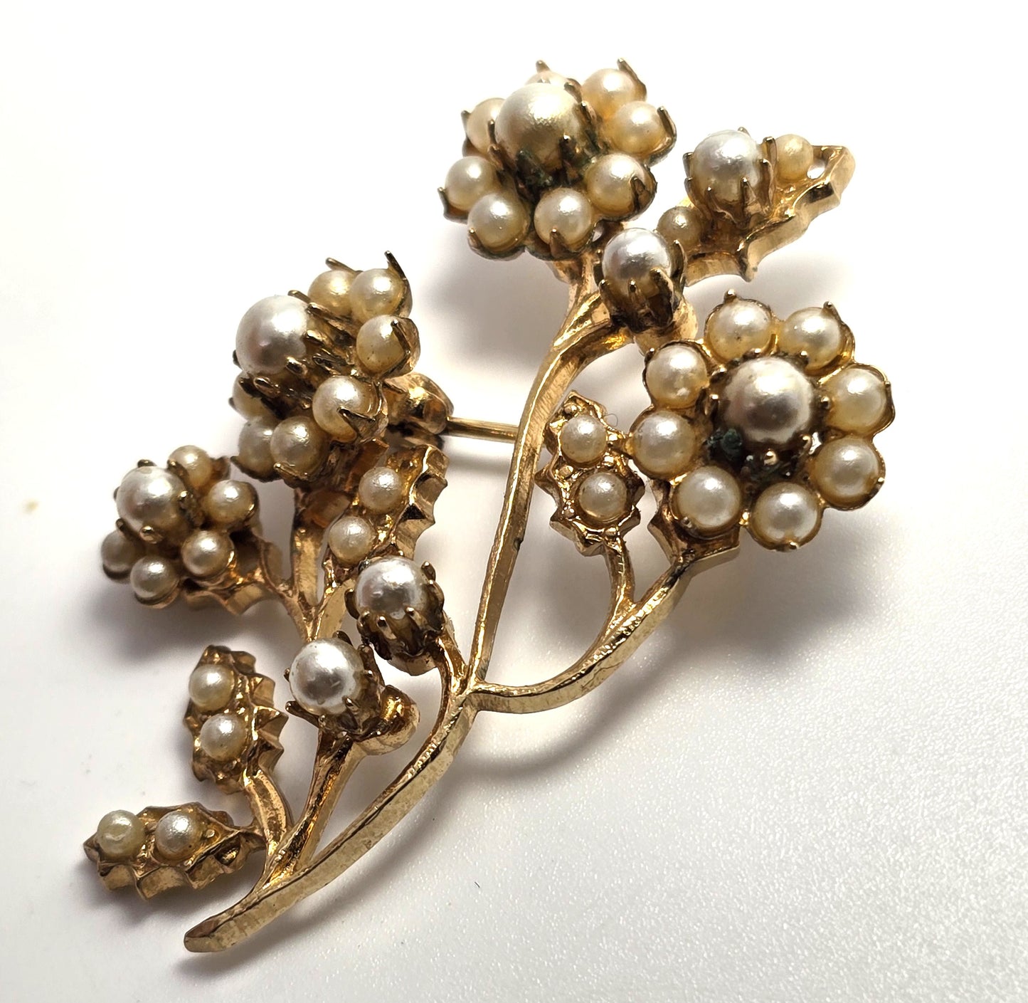 Faux cream and white faux pearl flower rhinestone vintage brooch