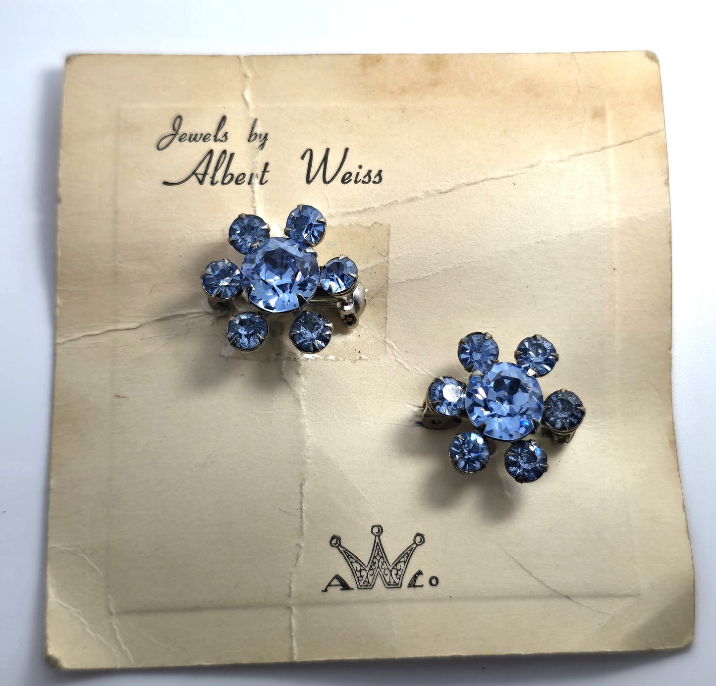 Weiss blue double rhinestone flower vintage pair of brooches carded NOS