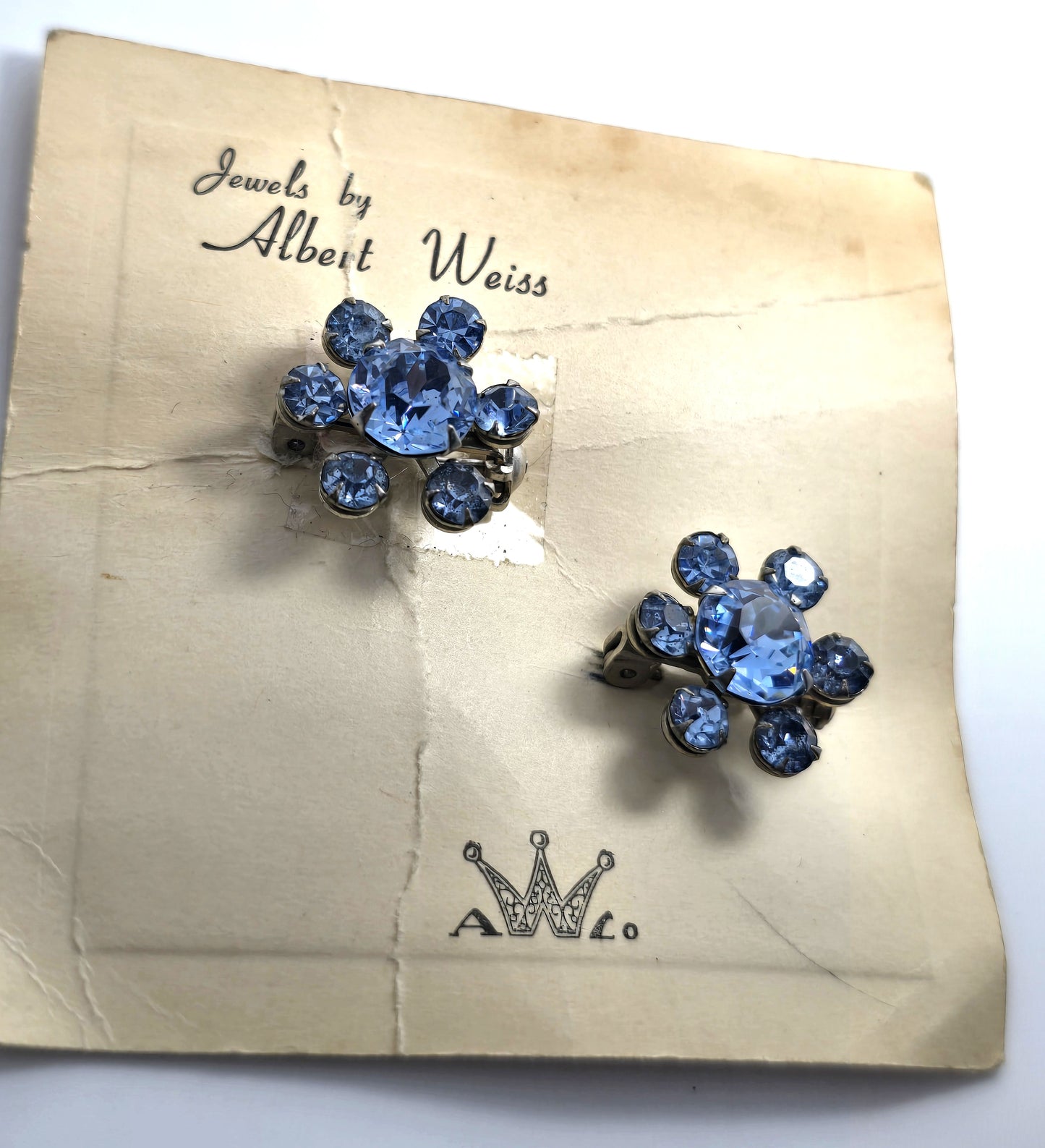 Weiss blue double rhinestone flower vintage pair of brooches carded NOS