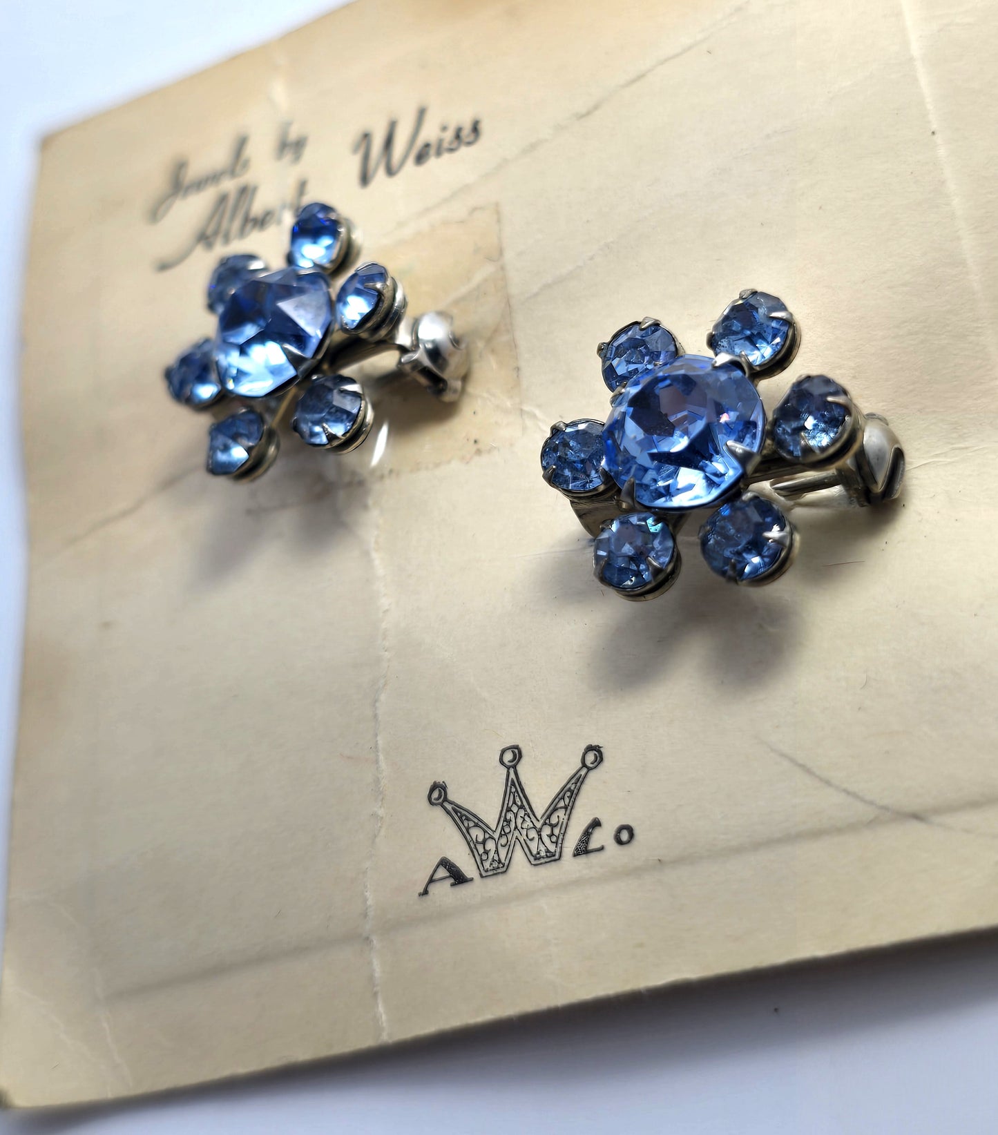 Weiss blue double rhinestone flower vintage pair of brooches carded NOS