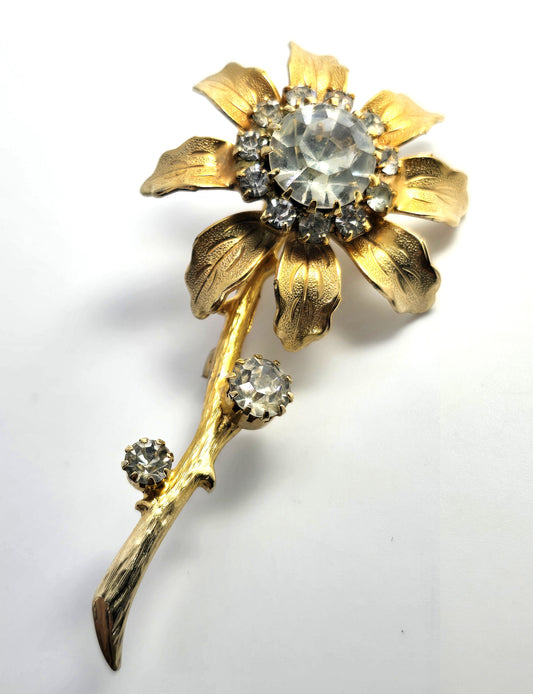 Golden blooming sparkling flower rhinestone vintage brooch