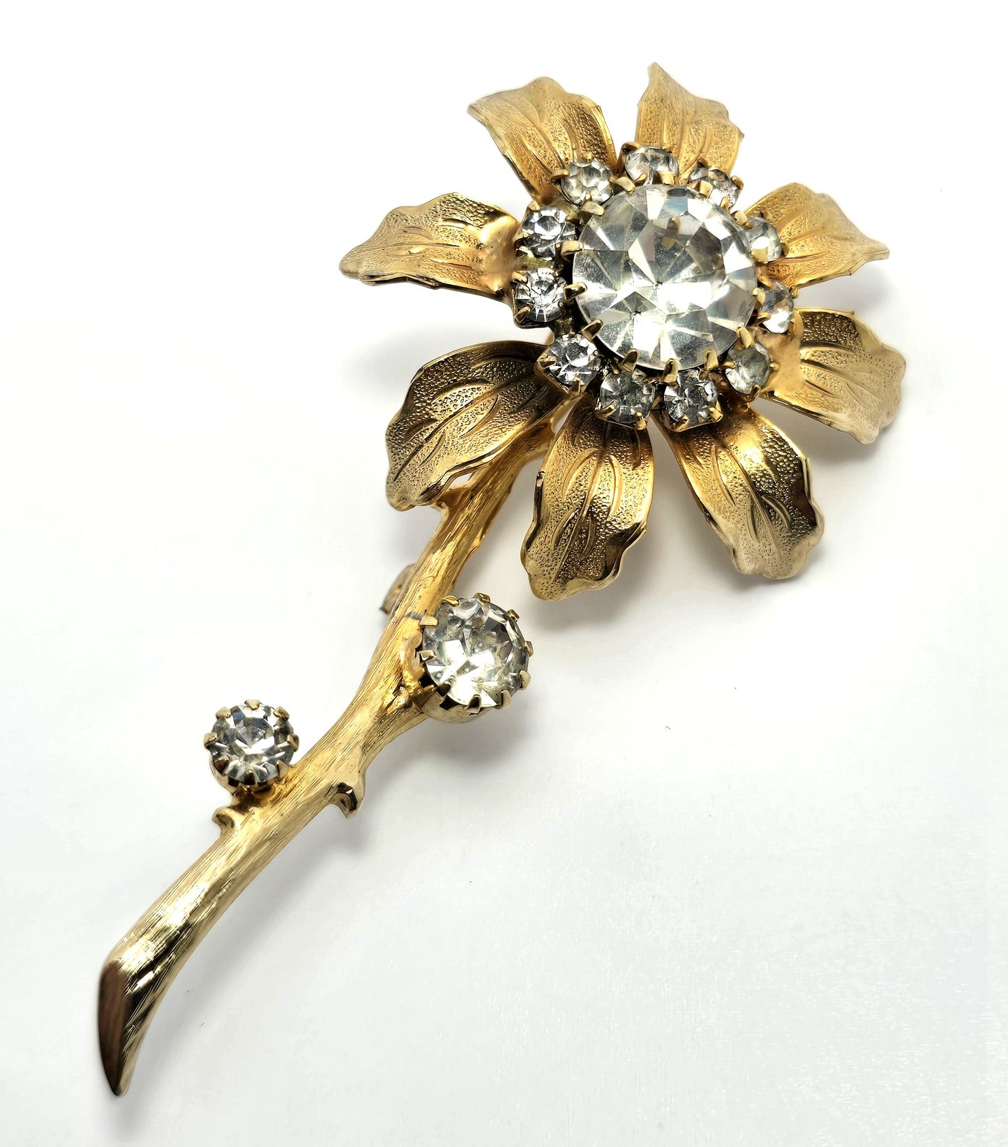Golden blooming sparkling flower rhinestone vintage brooch