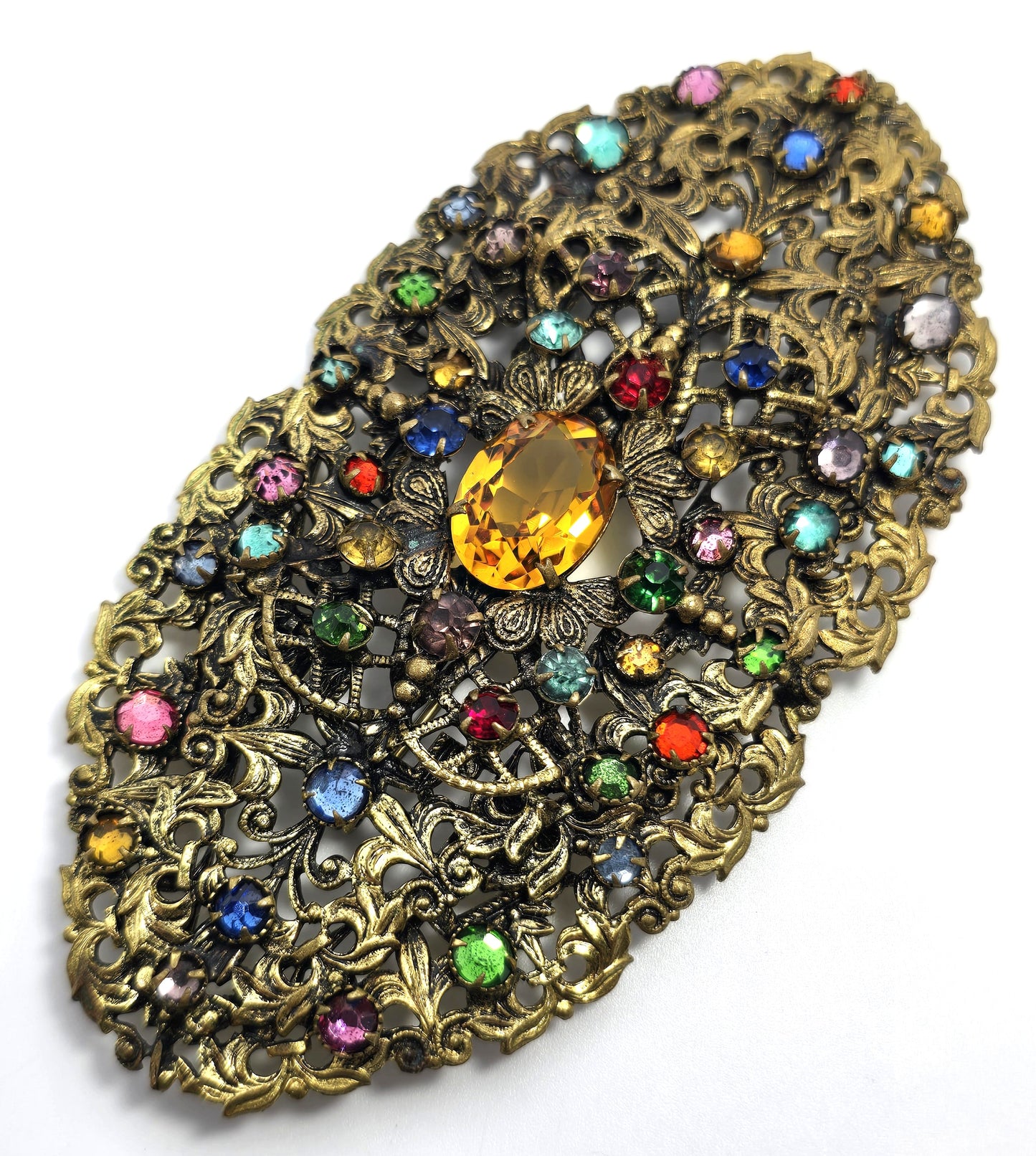 Art Deco Czech rainbow paste rhinestone Vaseline Uranium UV glass brooch