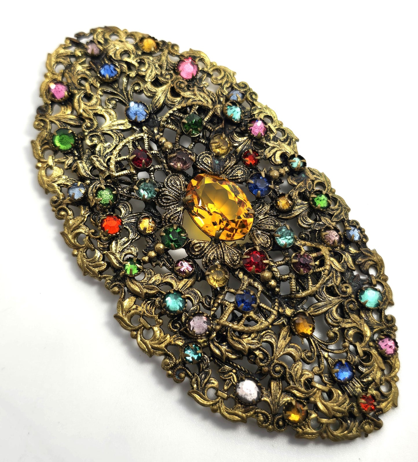 Art Deco Czech rainbow paste rhinestone Vaseline Uranium UV glass brooch