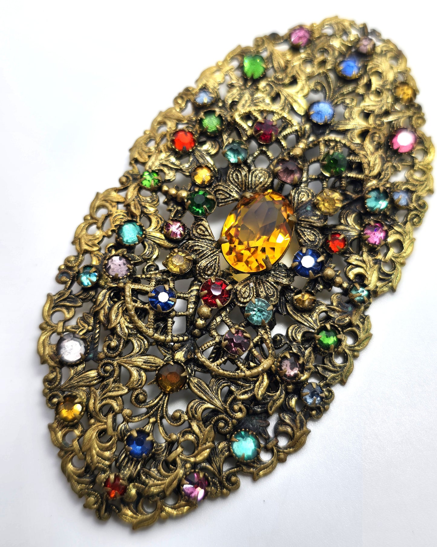 Art Deco Czech rainbow paste rhinestone Vaseline Uranium UV glass brooch