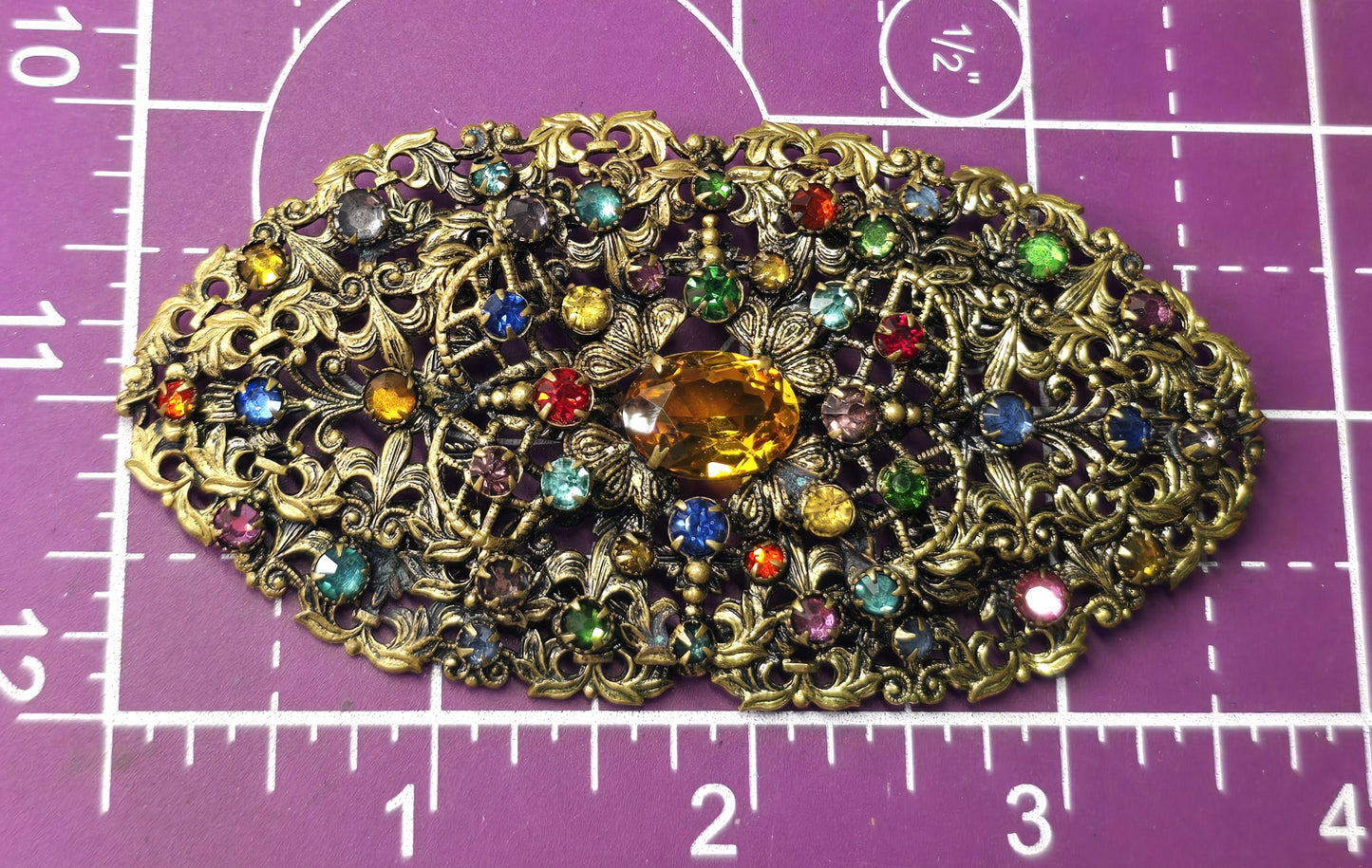 Art Deco Czech rainbow paste rhinestone Vaseline Uranium UV glass brooch
