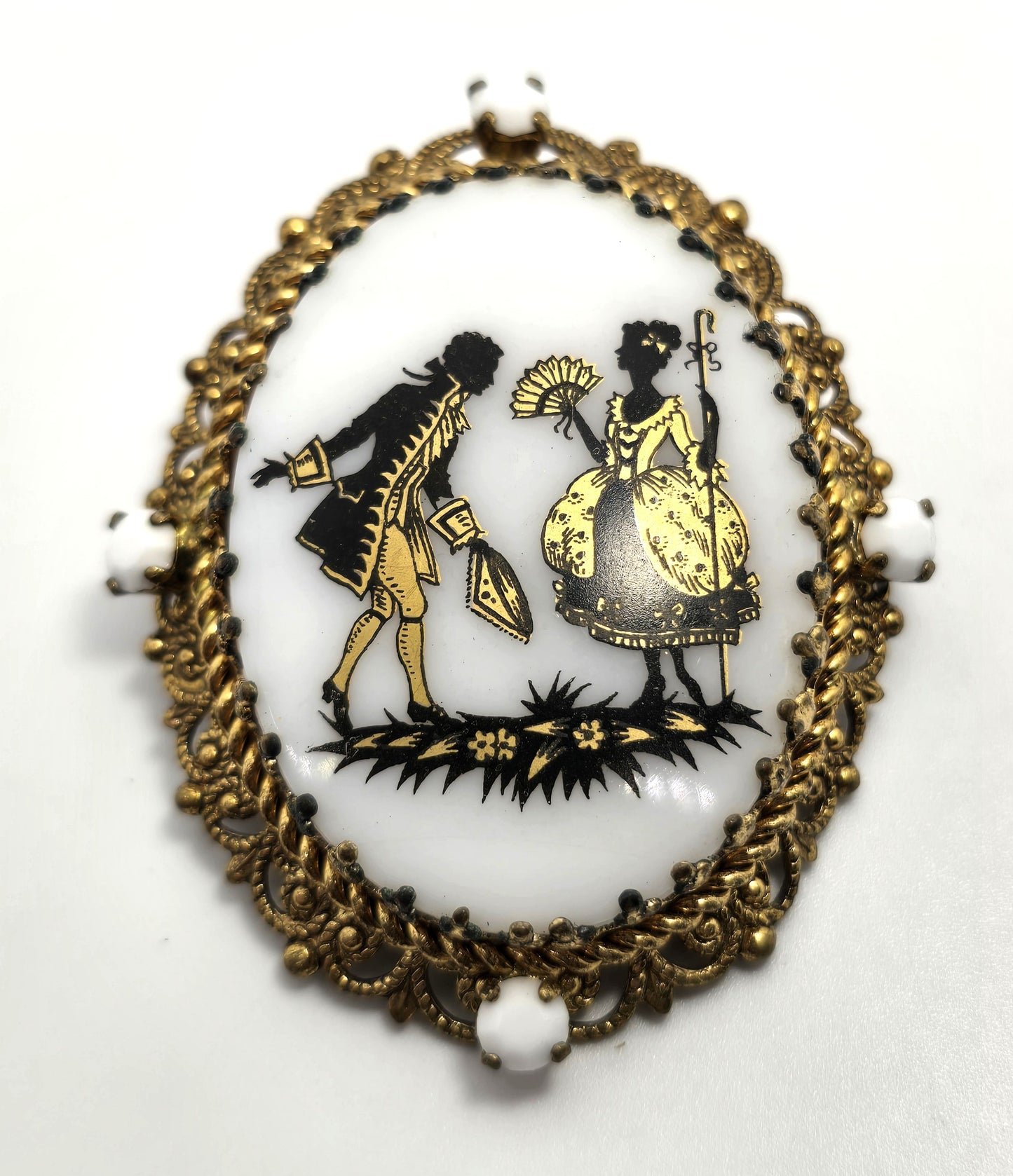 West Germany Porcelain Courting Couple cameo filigree gold toned brooch