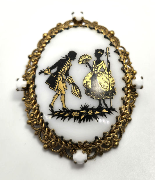 West Germany Porcelain Courting Couple cameo filigree gold toned brooch