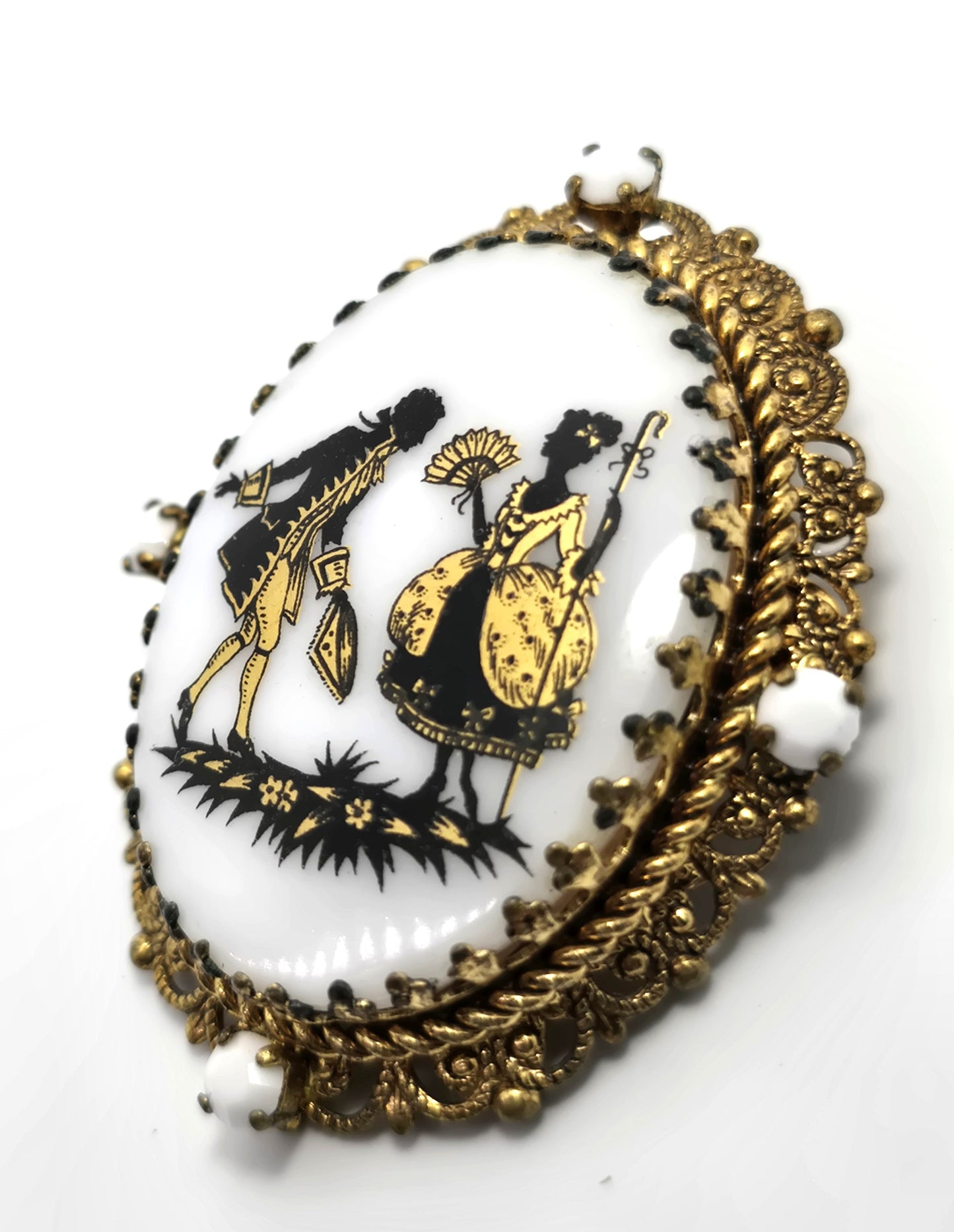 West Germany Porcelain Courting Couple cameo filigree gold toned brooch