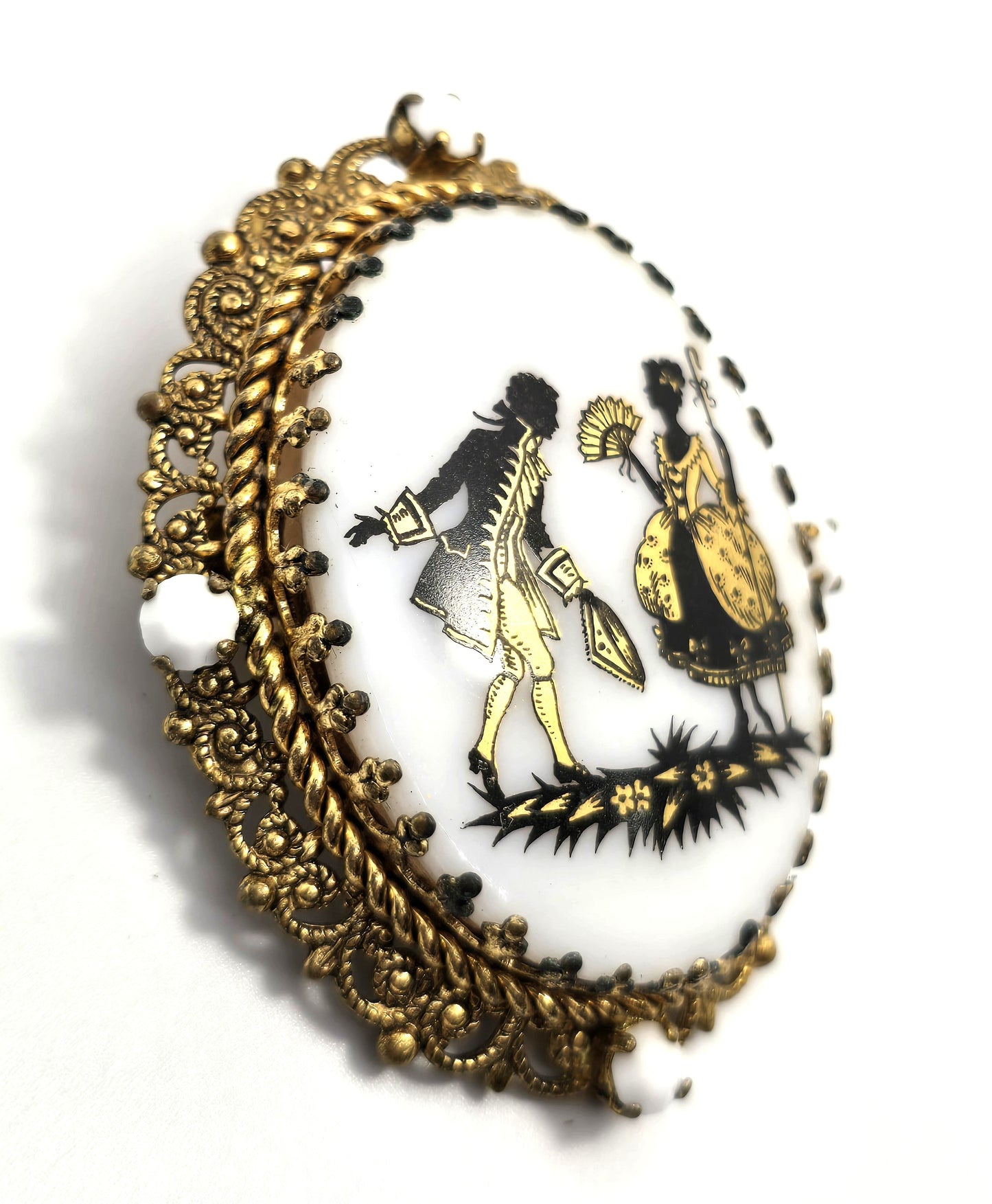 West Germany Porcelain Courting Couple cameo filigree gold toned brooch