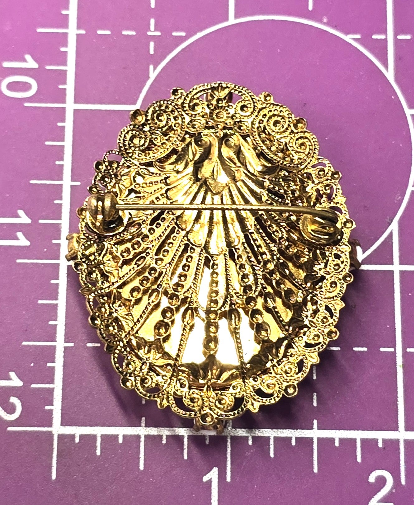West Germany Porcelain Courting Couple cameo filigree gold toned brooch