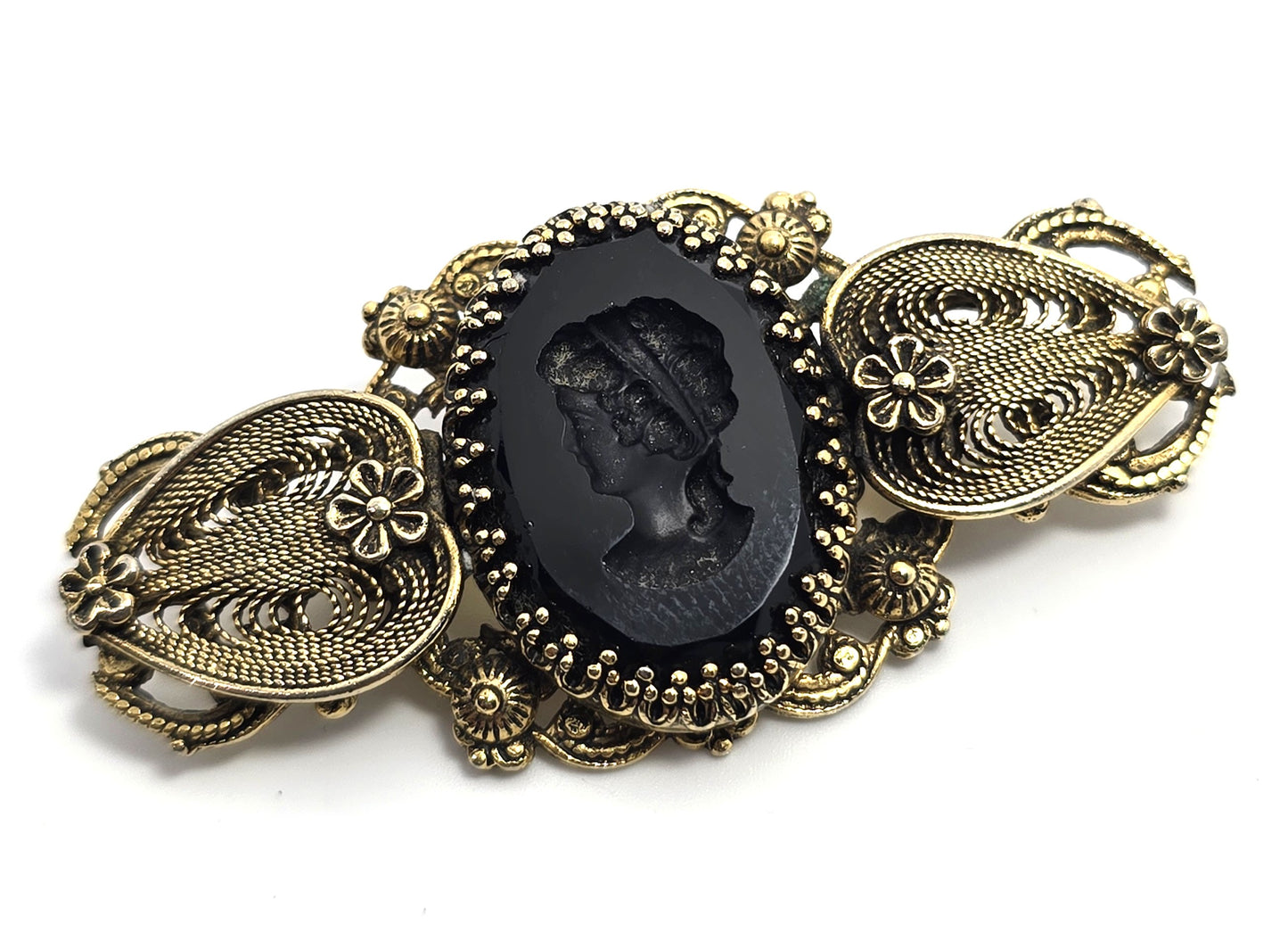 Victorian revival black reverse carved glass cameo gold toned vintage pendant brooch