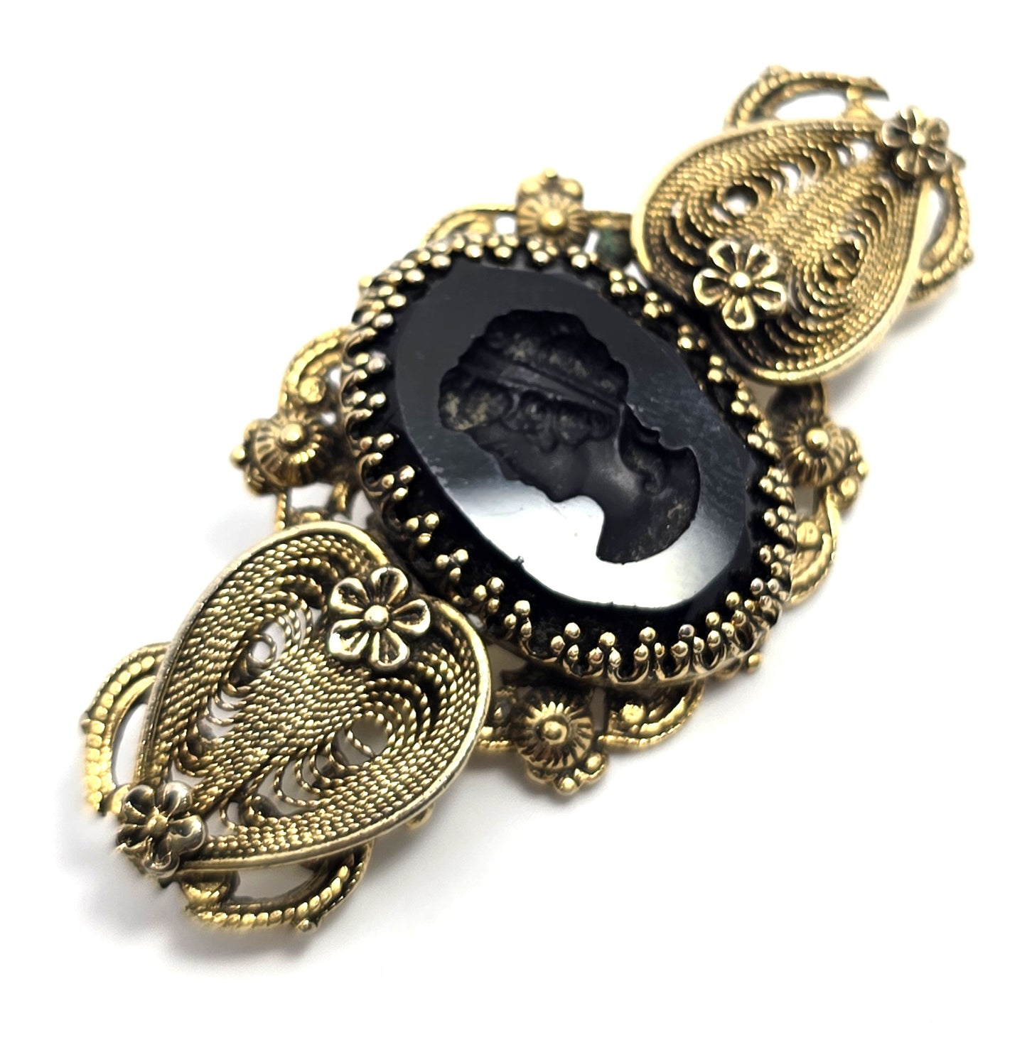 Victorian revival black reverse carved glass cameo gold toned vintage pendant brooch