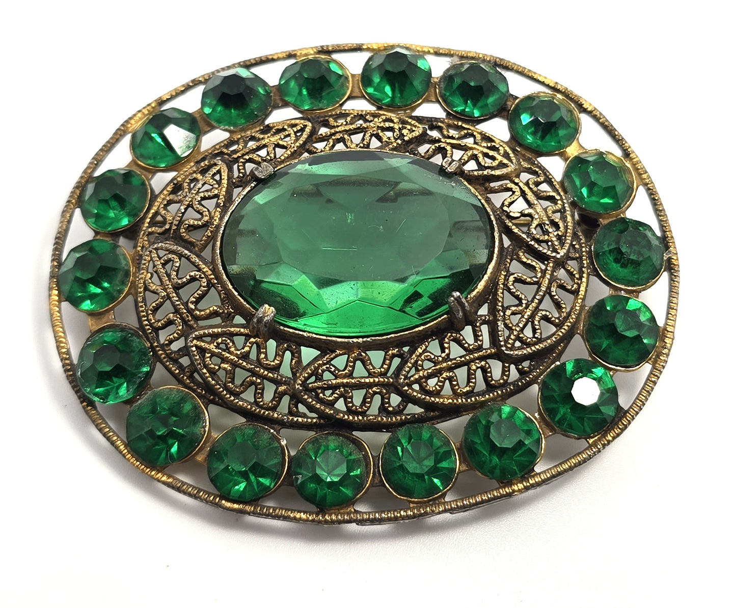 Emerald dark green chaton rhinestone fall tribal leaf vintage brooch
