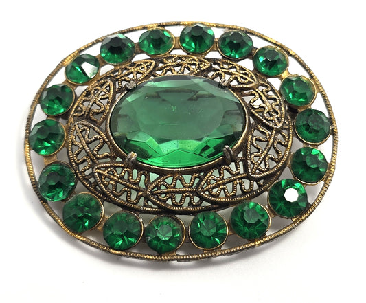 Emerald dark green chaton rhinestone fall tribal leaf vintage brooch