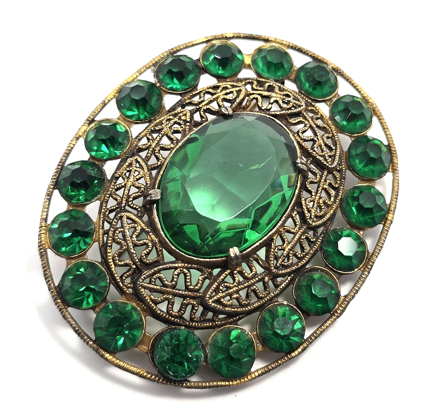 Emerald dark green chaton rhinestone fall tribal leaf vintage brooch