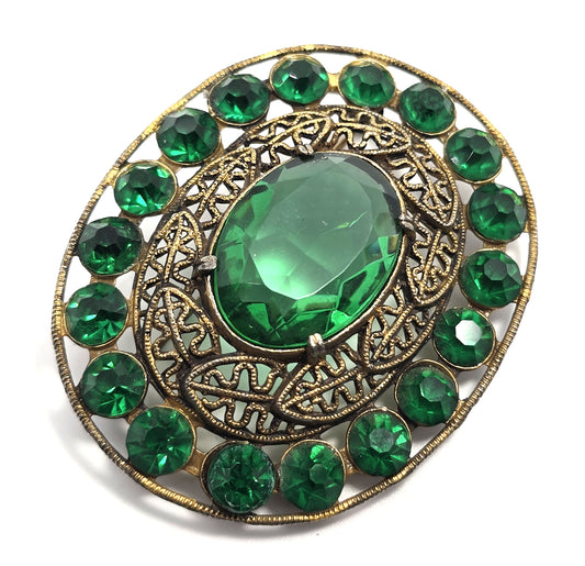 Emerald dark green chaton rhinestone fall tribal leaf vintage brooch