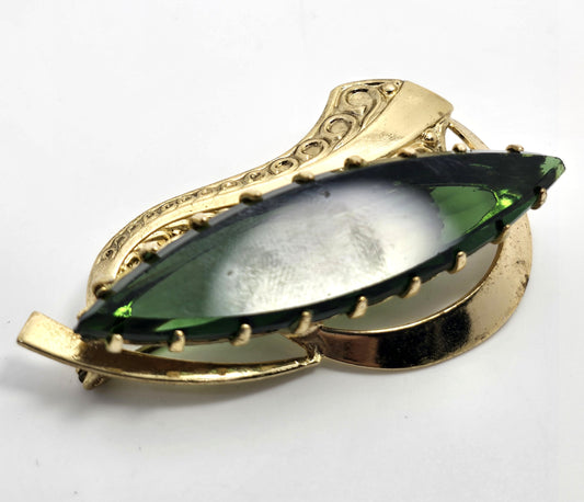 West Germany Emerald dark green rhinestone gold toned leaf vintage brooch