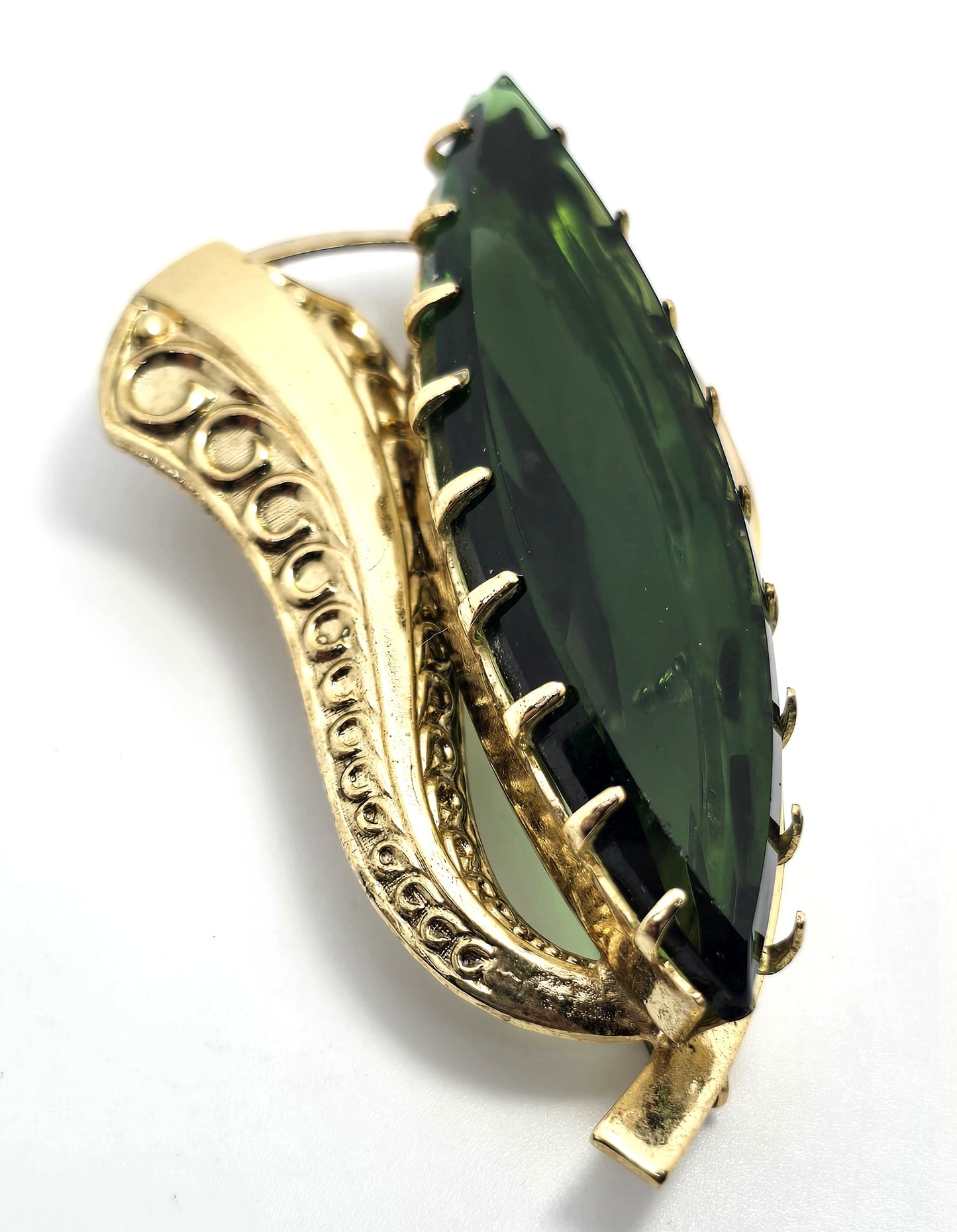 West Germany Emerald dark green rhinestone gold toned leaf vintage brooch