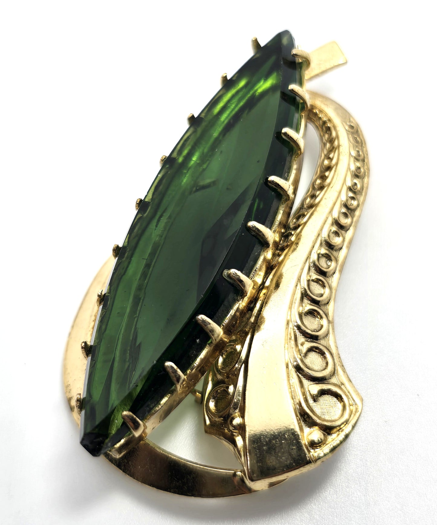 West Germany Emerald dark green rhinestone gold toned leaf vintage brooch
