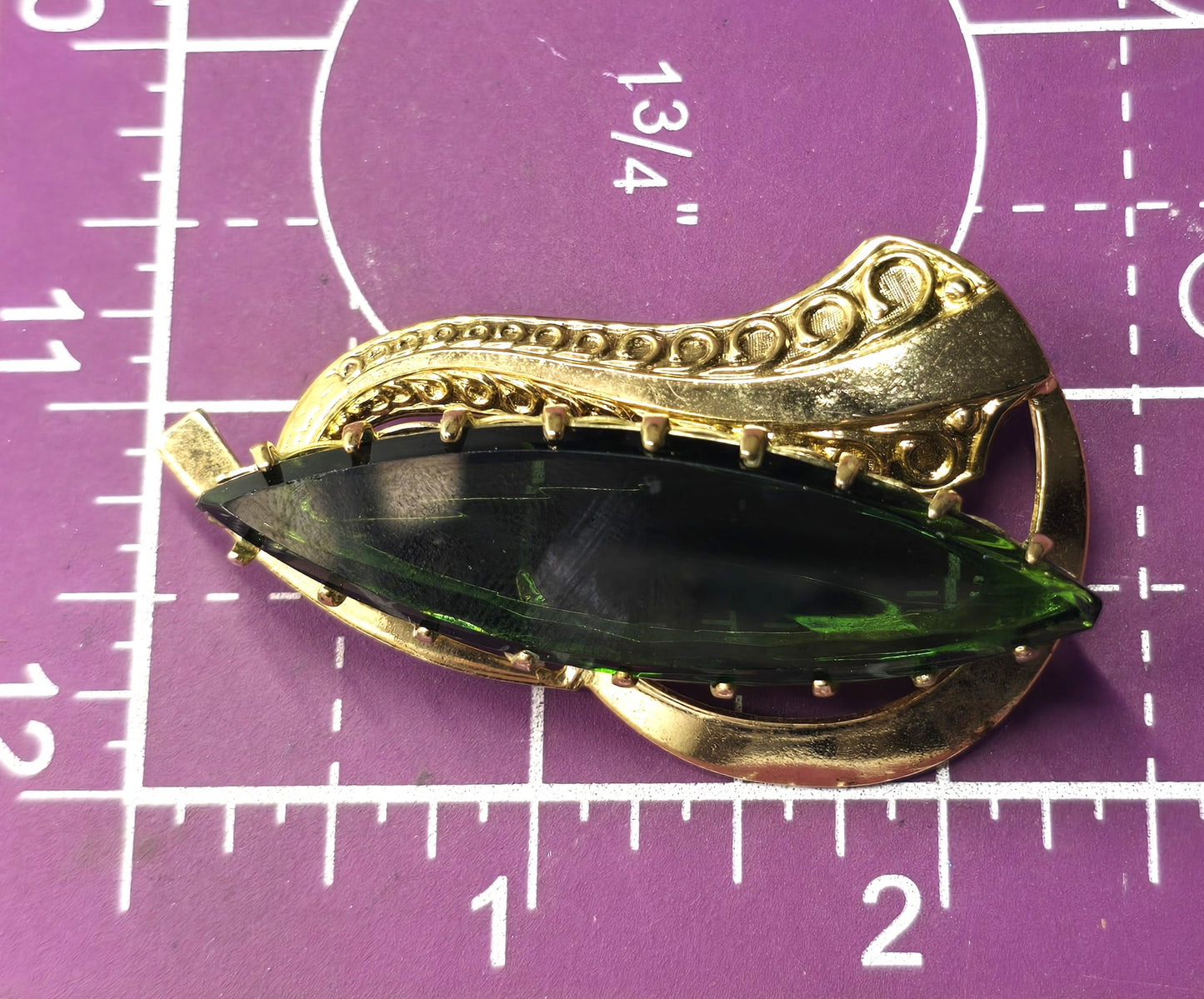West Germany Emerald dark green rhinestone gold toned leaf vintage brooch