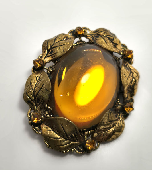 Western Germany Orange Jelly Belly rhinestone gold toned autumn vintage brooch