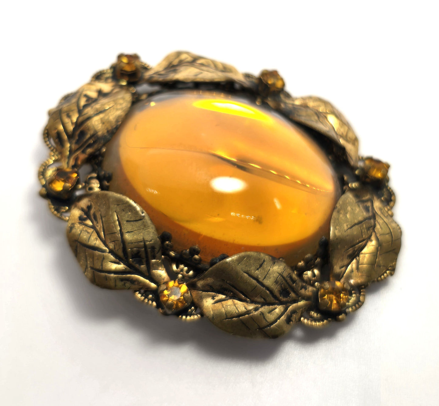 Western Germany Orange Jelly Belly rhinestone gold toned autumn vintage brooch
