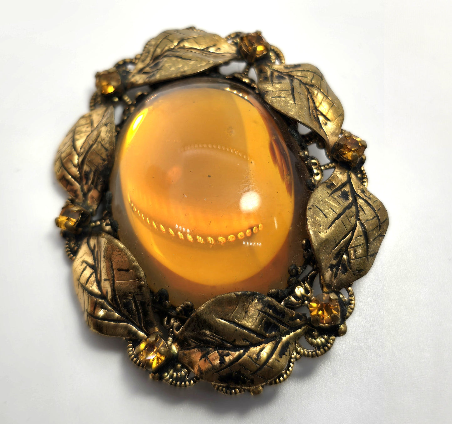 Western Germany Orange Jelly Belly rhinestone gold toned autumn vintage brooch