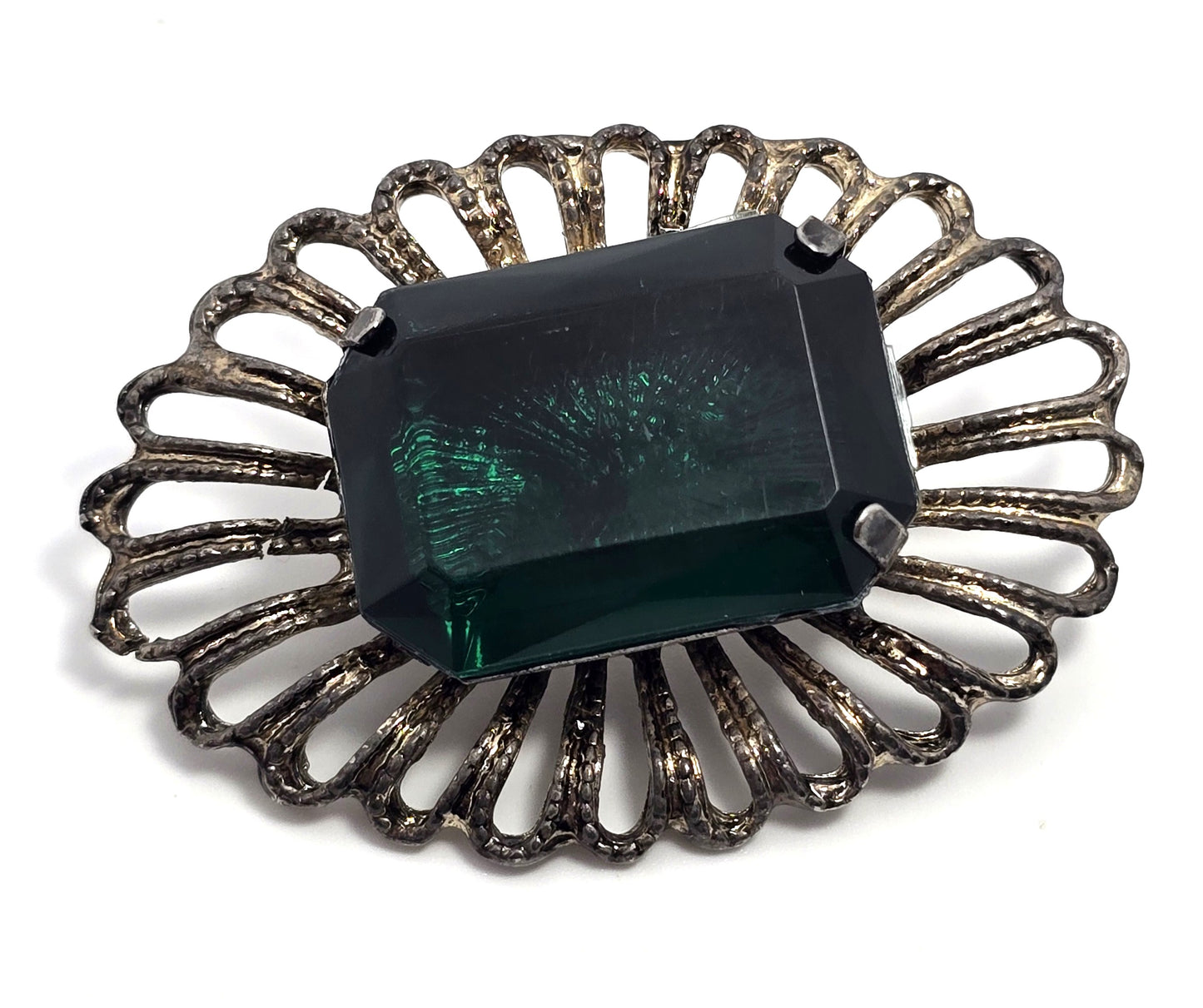 Emerald dark green rhinestone Large scalloped vintage brooch