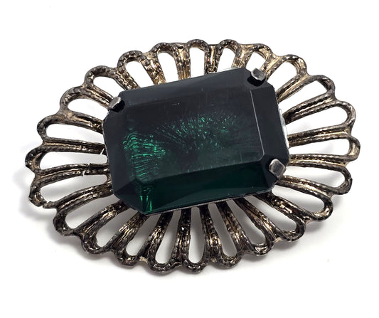 Emerald dark green rhinestone Large scalloped vintage brooch