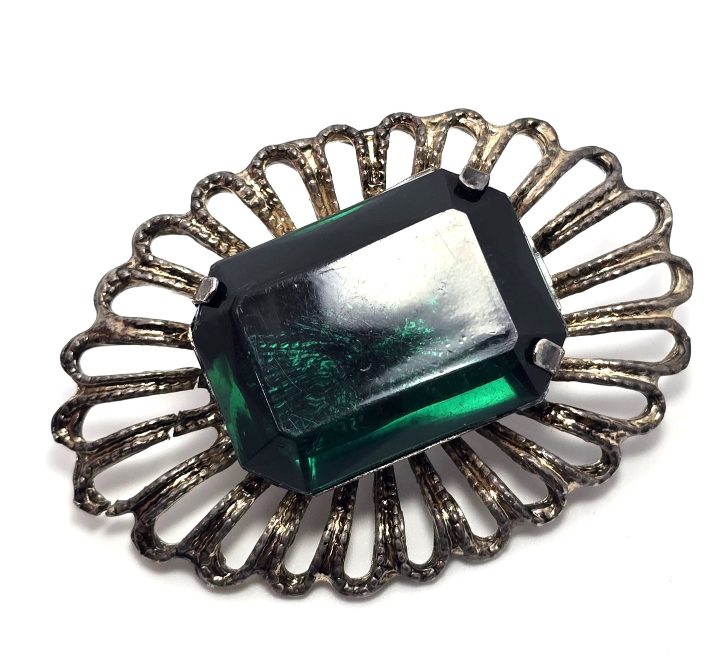 Emerald dark green rhinestone Large scalloped vintage brooch
