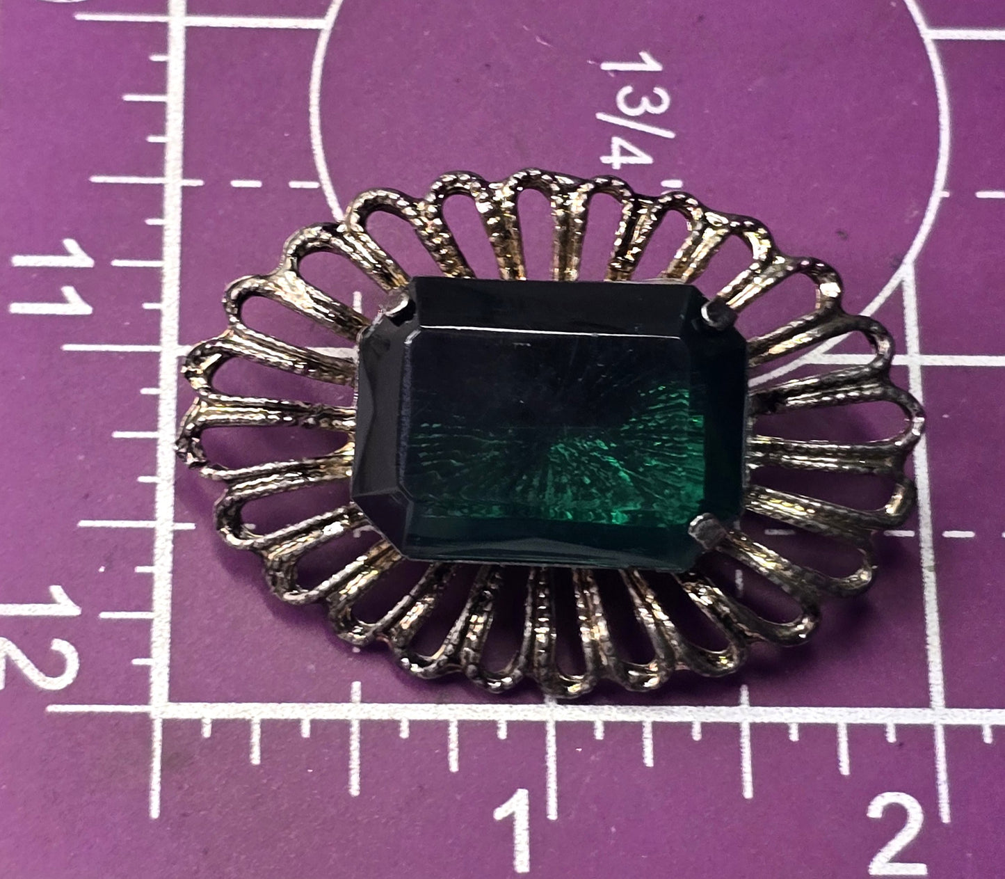 Emerald dark green rhinestone Large scalloped vintage brooch