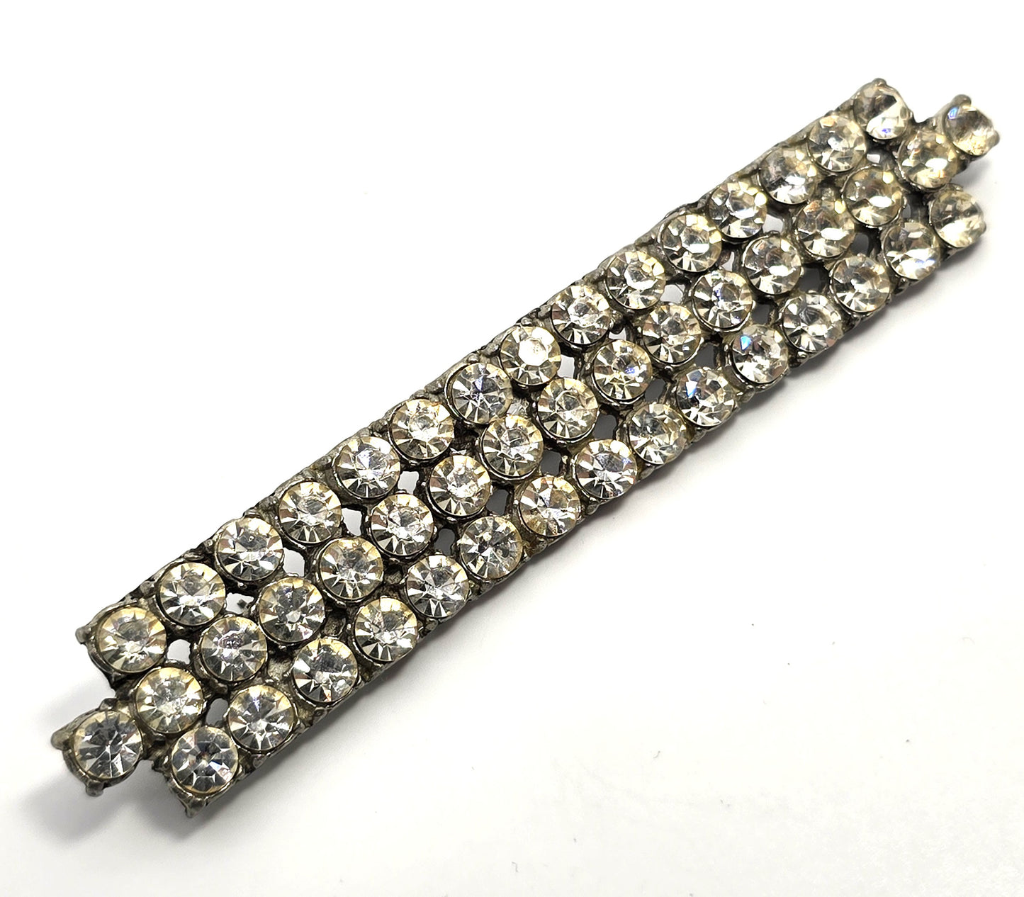 Art Deco Pot Metal long clear rhinestone studded vintage 4" bar pin brooch
