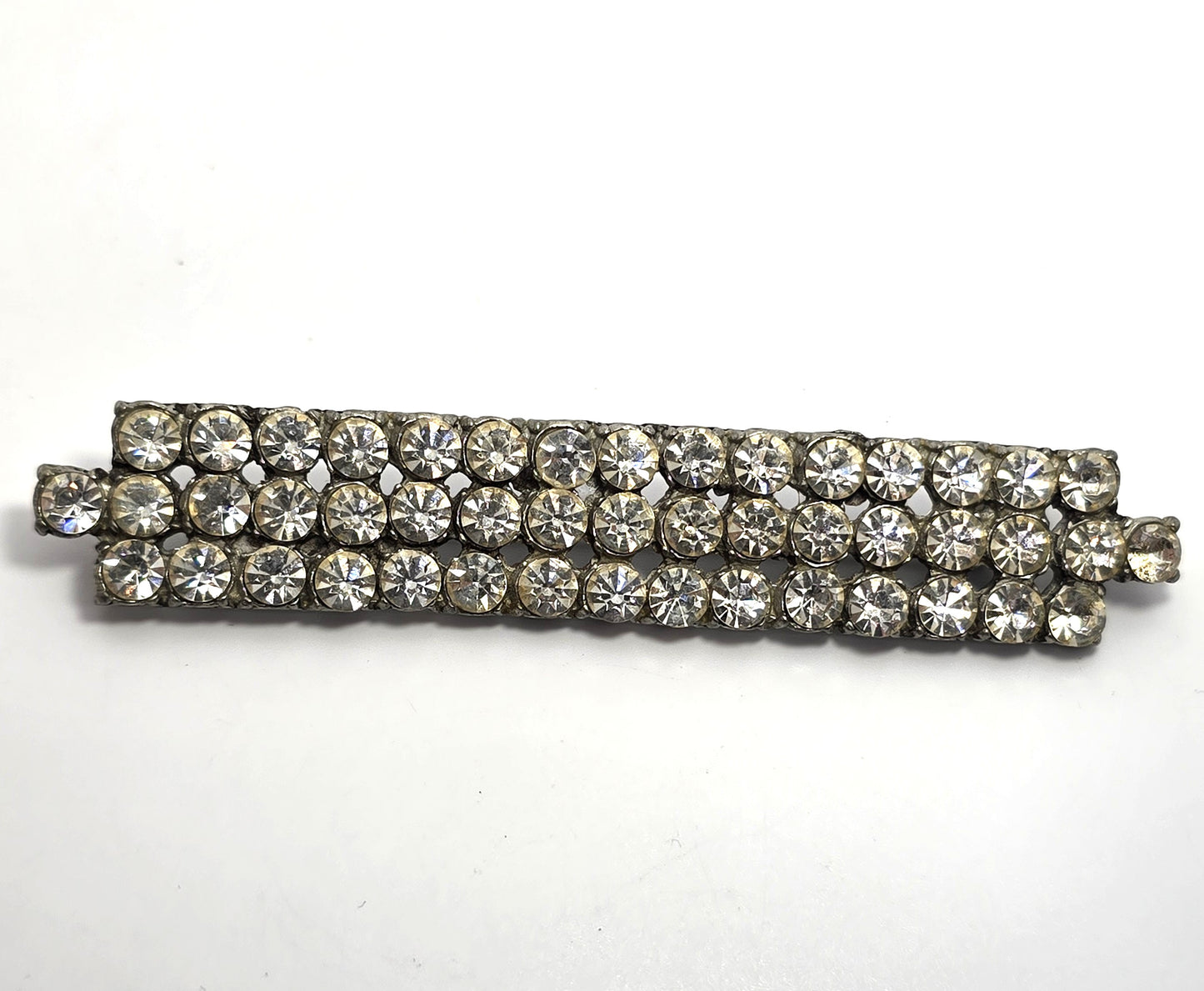 Art Deco Pot Metal long clear rhinestone studded vintage 4" bar pin brooch