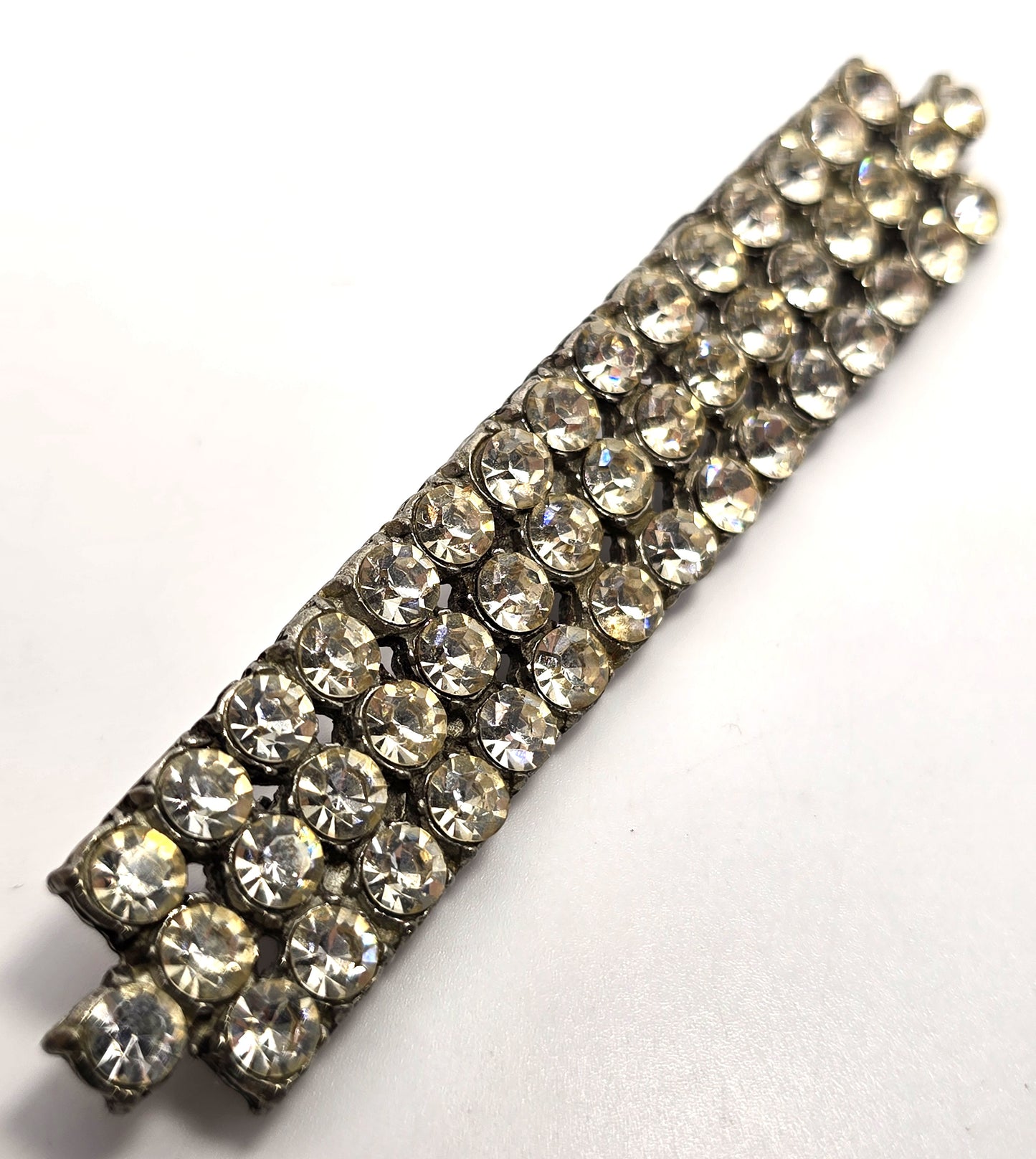 Art Deco Pot Metal long clear rhinestone studded vintage 4" bar pin brooch