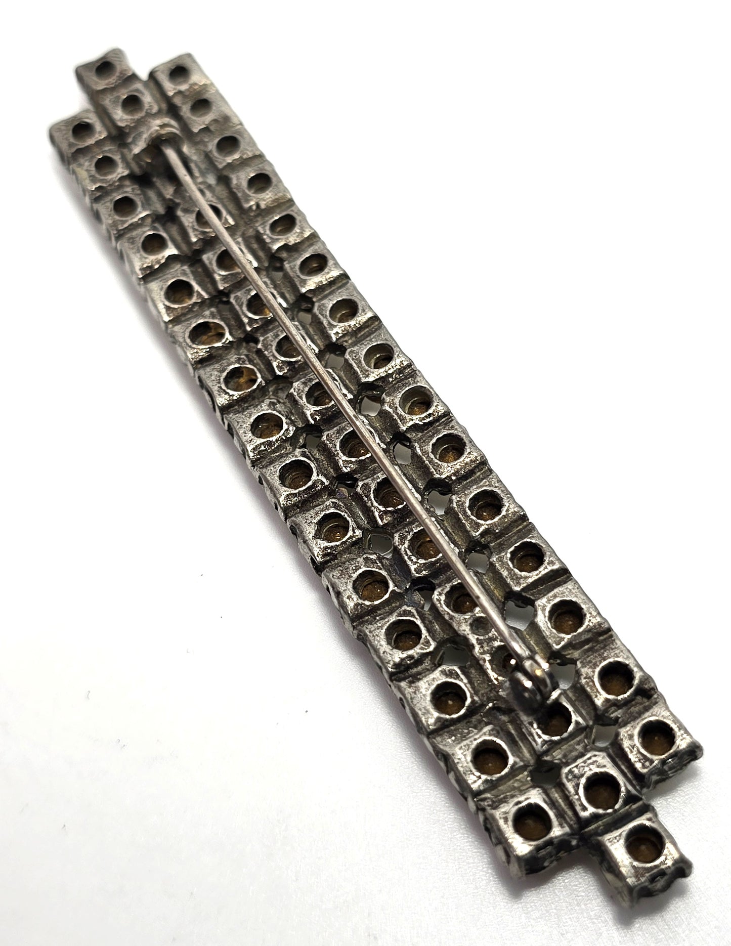 Art Deco Pot Metal long clear rhinestone studded vintage 4" bar pin brooch