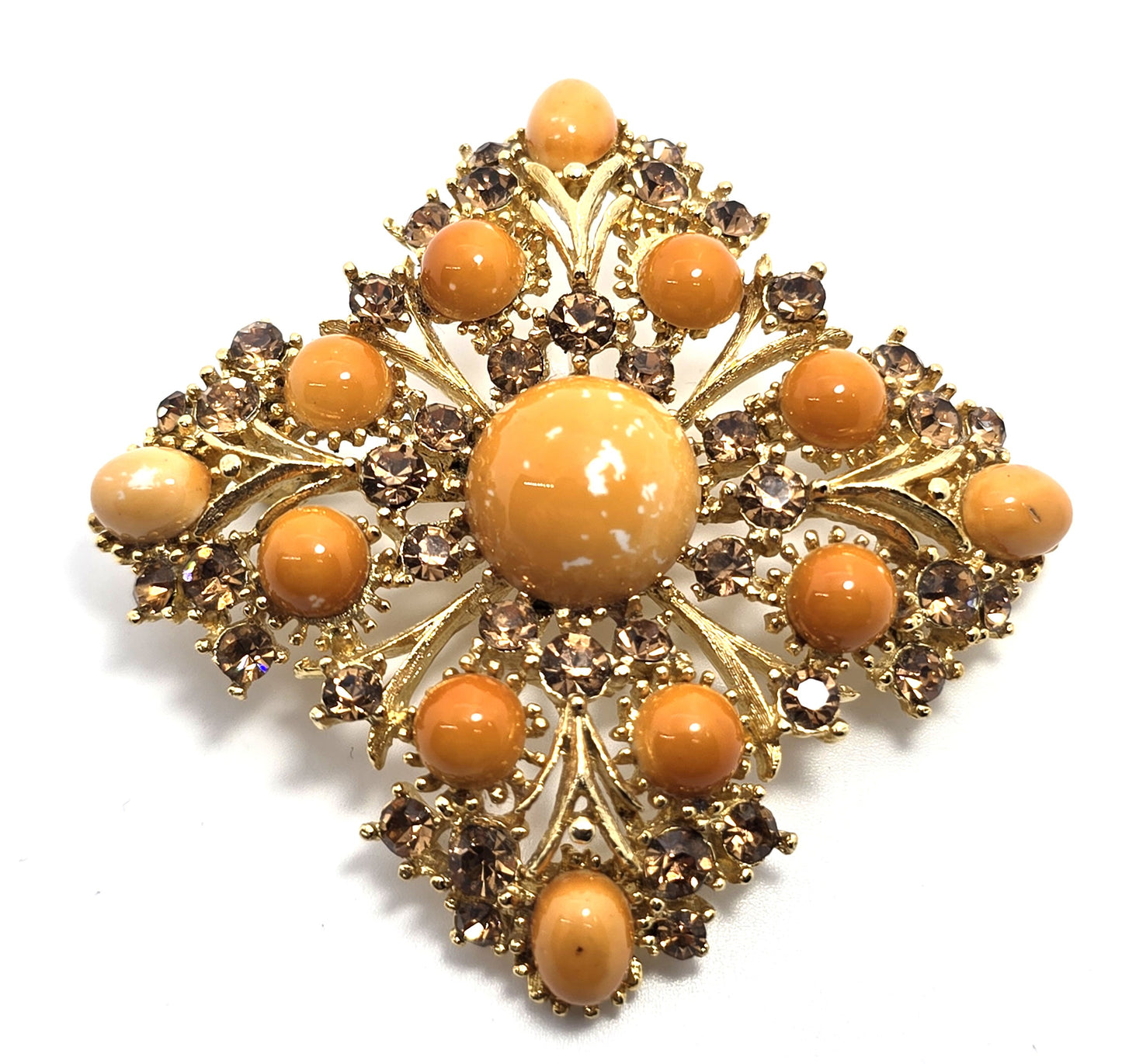 Weiss orange domed cabochon vintage gold toned rhinestone brooch