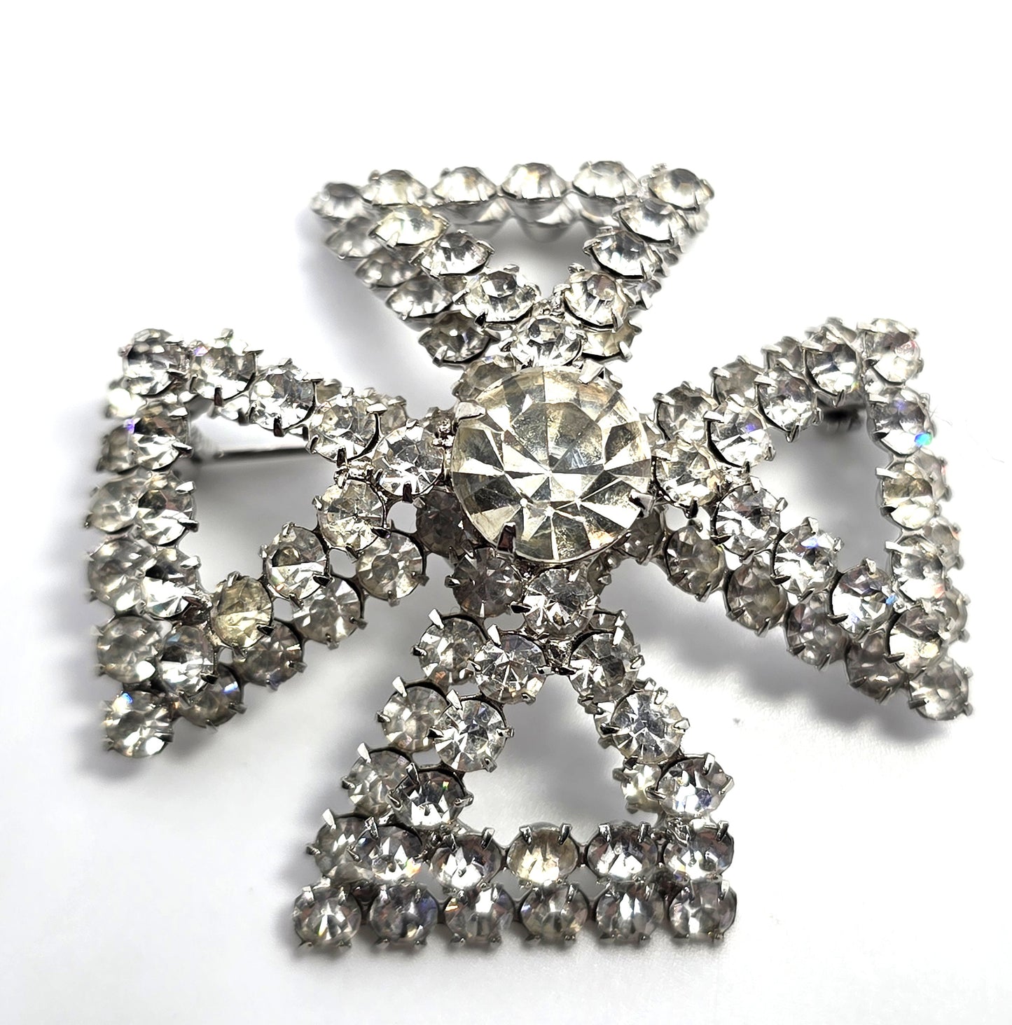 Maltese cross vintage 3D large domed clear rhinestone vintage brooch