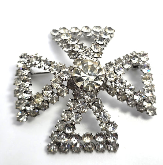 Maltese cross vintage 3D large domed clear rhinestone vintage brooch