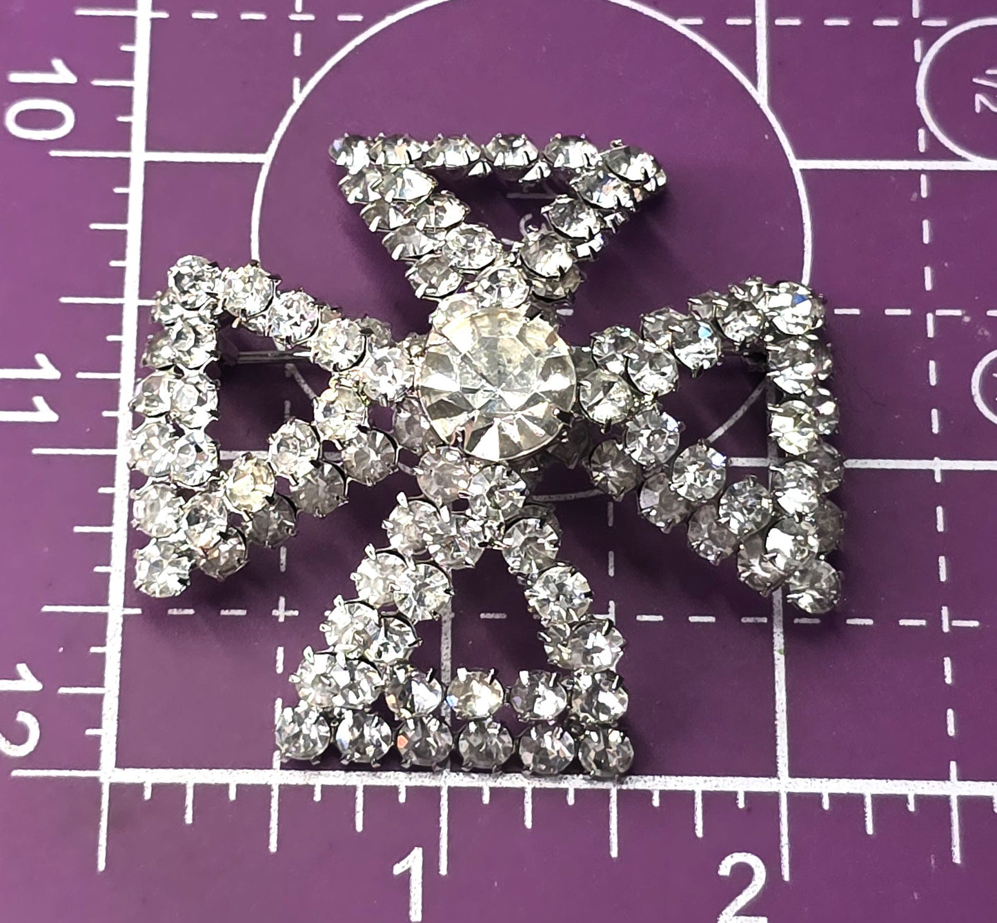 Maltese cross vintage 3D large domed clear rhinestone vintage brooch