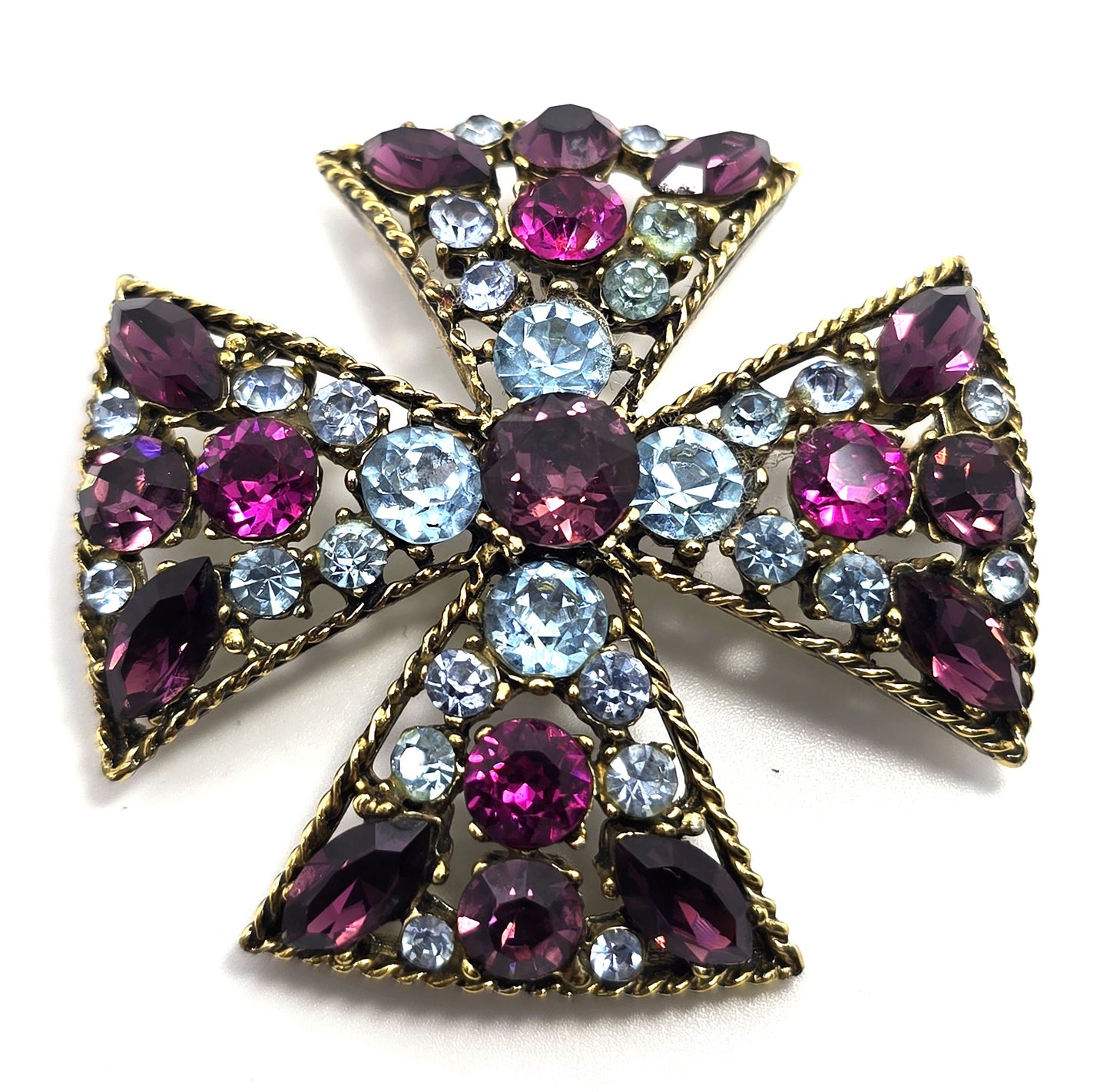 Maltese cross vintage purple blue and pink rhinestone vintage pendant brooch