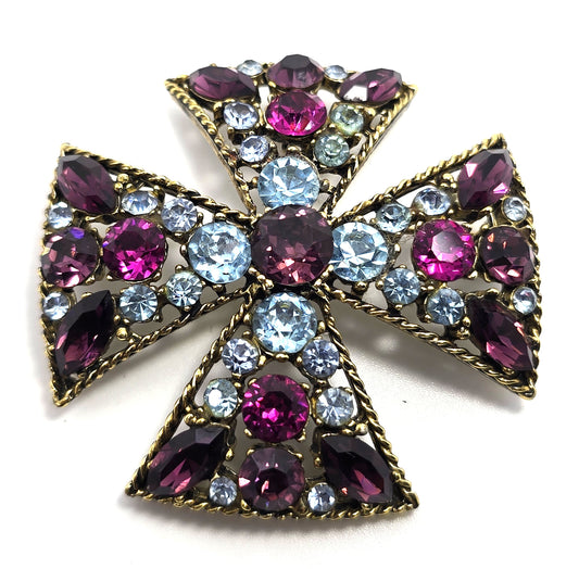 Maltese cross vintage purple blue and pink rhinestone vintage pendant brooch
