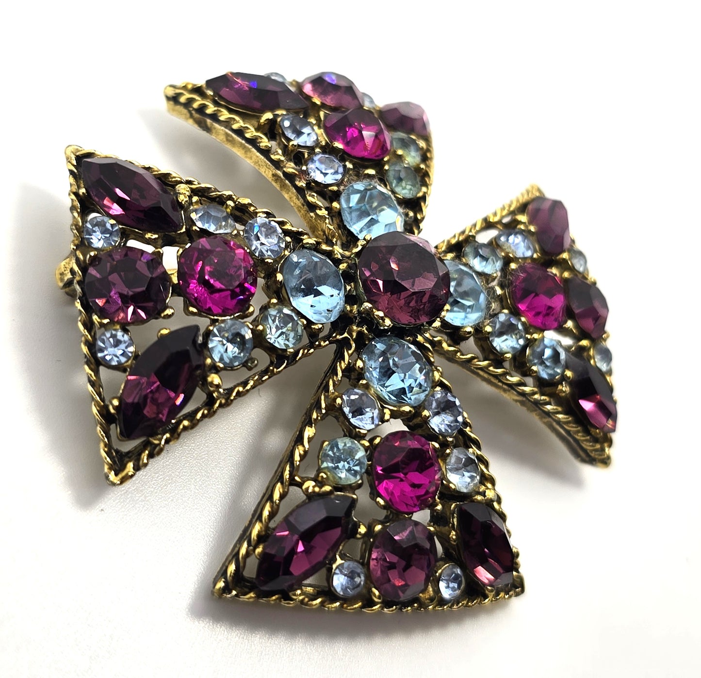 Maltese cross vintage purple blue and pink rhinestone vintage pendant brooch