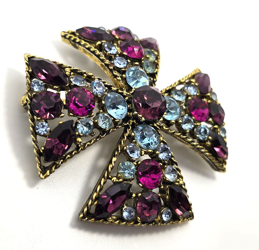 Maltese cross vintage purple blue and pink rhinestone vintage pendant brooch